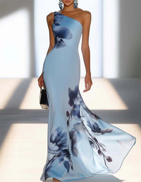 Lillian Ink-Wash Floral Satin Fishtail Gown