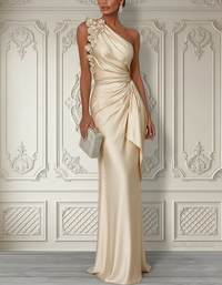 Genevieve Floral Appliqué Satin Gown