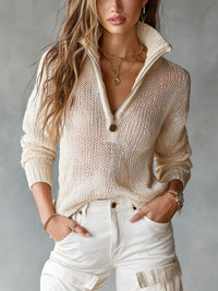 Elena Chic Elegant Beige Half-Zipper Collar Long-Sleeve Loose-Fit Breathable Knit Sweater