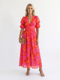 Willow Floral Puff-Sleeve Midi Dress