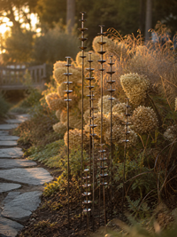 Rustic Metal Garden Stake Set — Flower, Bird Perch & Watering Accents (Set of 9)