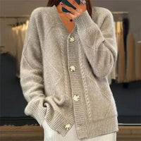 Alina | Button-Front V-Neck Cardigan with Diamond Knit Detail