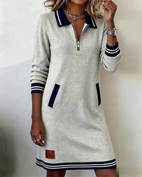 Sloane | Half-Zip Long Sleeve Dress with Striped Trim