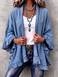 Coraline | Boho Denim Ruffle Trim Cardigan