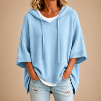 The Marin Hooded Knit Poncho in Light Blue